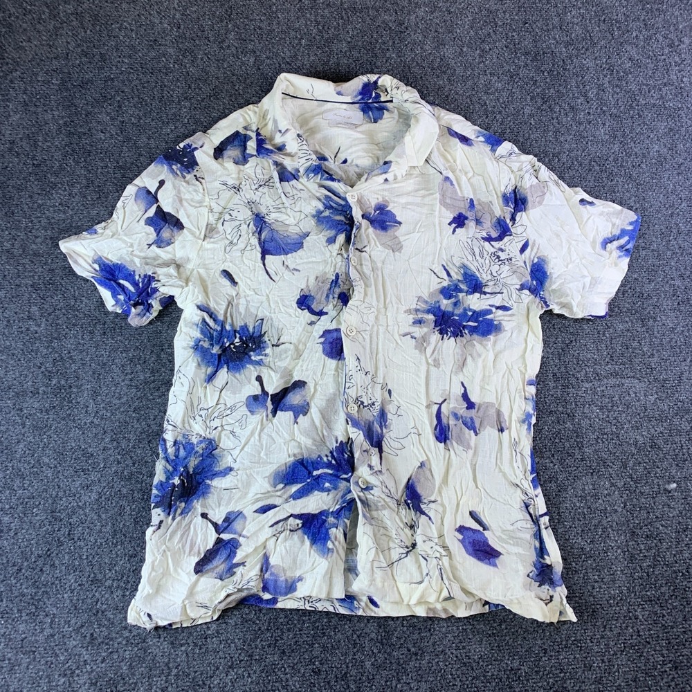 Porter & Ash Linen Blend Shirt Mens M White Blue Tropical Short Sleeve READ